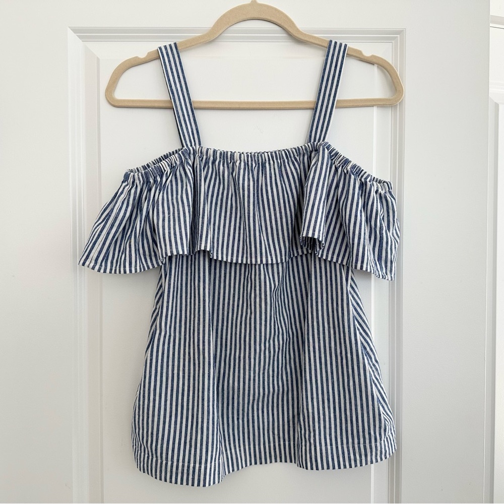 J.Crew Blue and White Stripe Off The Shoulder Top / Cold Shoulder Ruffle Blouse